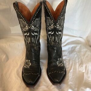 LUCCHESE Black & Silver Embroidered Western Cowboy Boots - Women